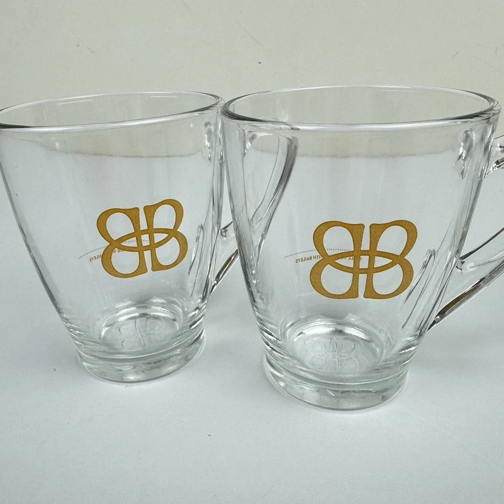 Baileys Glass Mugs Set of 2‎ Irish Cream Handled 8 oz w/ Fill Line Clear Barware